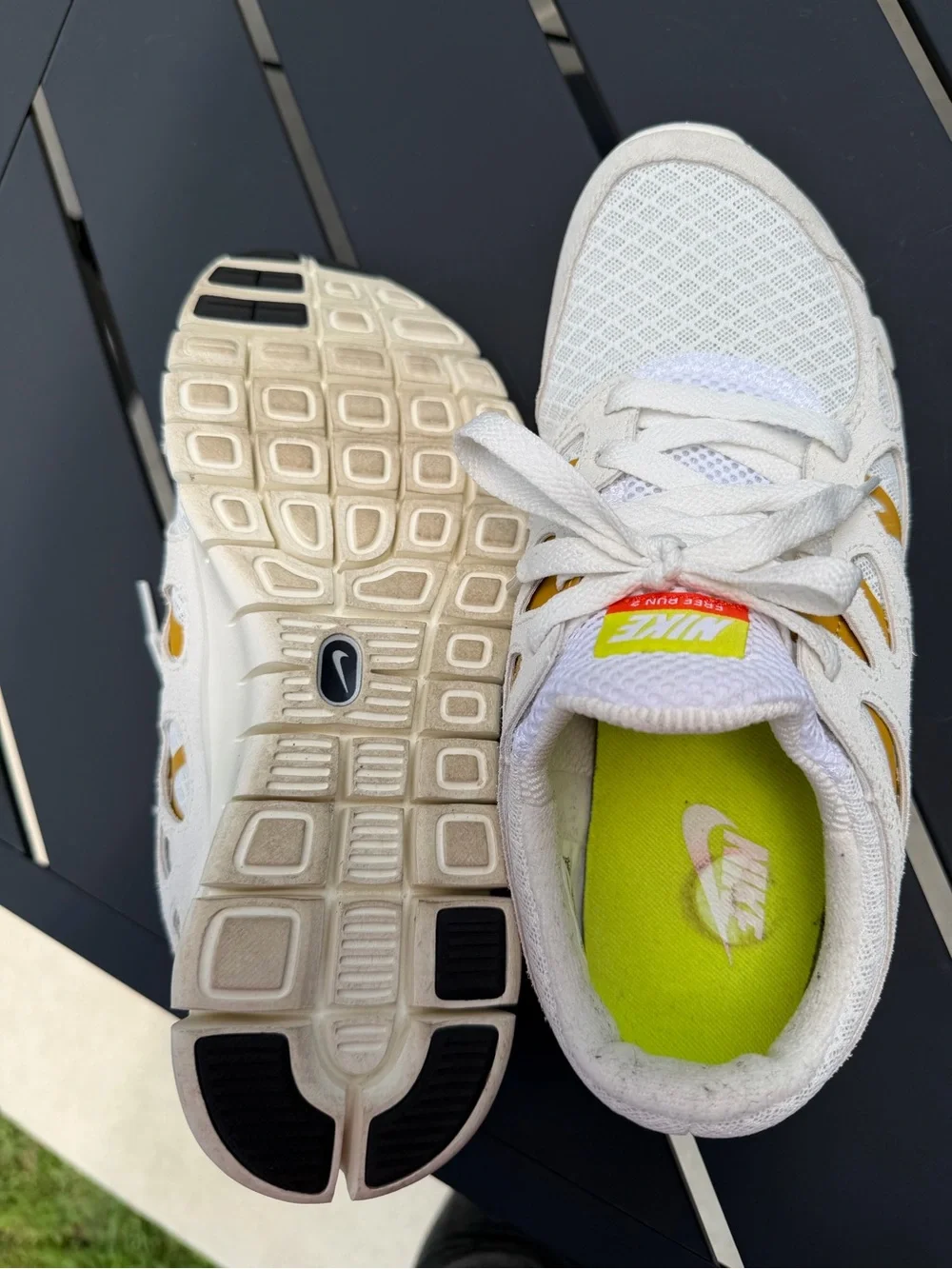 Nike White and Yellow Mesh Athletic Sneakers with Red Swoosh